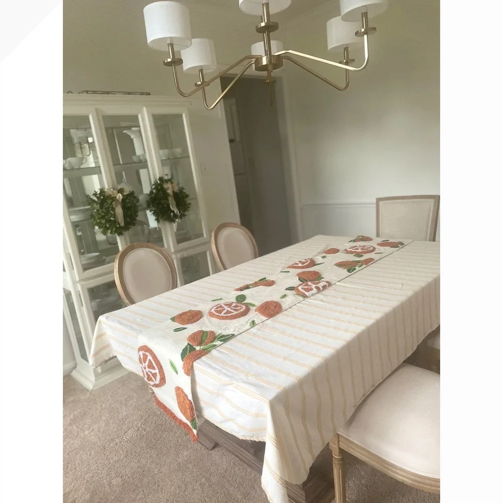 Kirkland's Home Orange Citrus Cotton Table Runner Tufted Fruit Fringe Cream